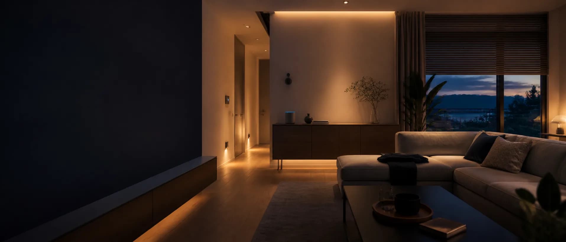 Ruhiges Schweizer Smart Home mit warmer Lichtszene, Storen und dezentem Nachtpfad